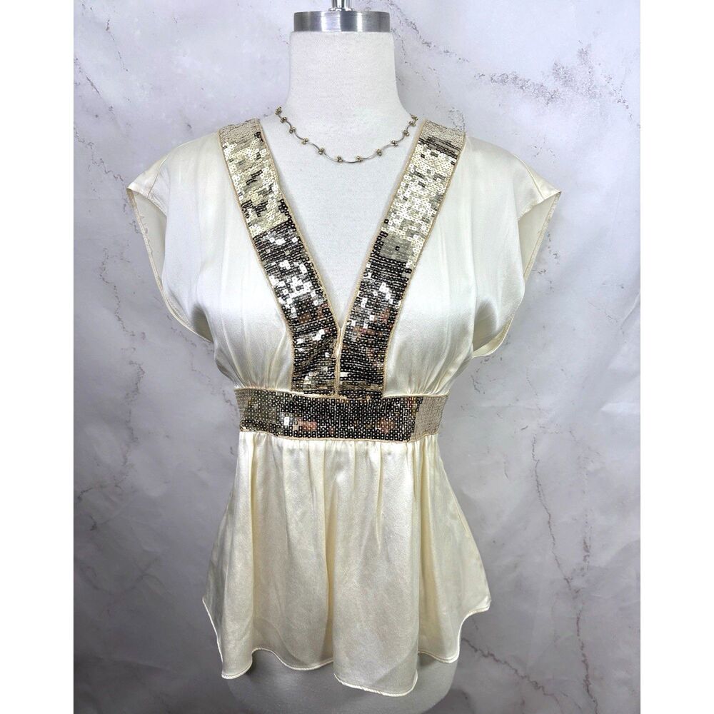 Vintage Y2k Babydoll Blouse Top Cream 100% Silk Satin Gold Sequence 4 S V-neck
